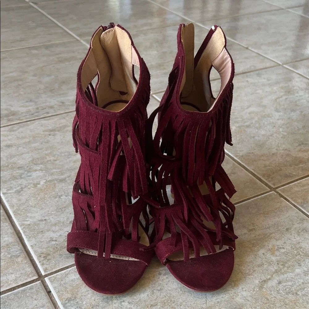 Fringe Burgundy Heeled Sandals - Picture 2 of 10